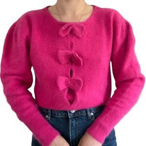Vintage 80s Womens Hot Pink Angora Blend Bow Preppy Soft Sexy Fluffy Sweater